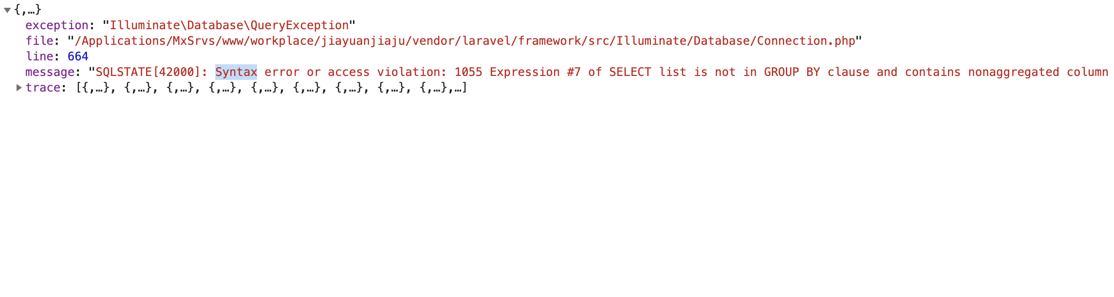 SQLSTATE[42000]: Syntax error or access violation: 1055 Expression #1 of SELECT list is not in GROUP
