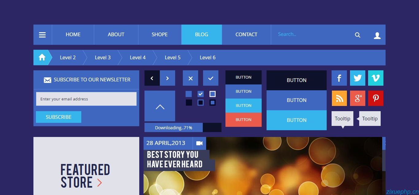 博客杂志UI工具包 模板是一款紫色扁平样式的博客模板UI工具包